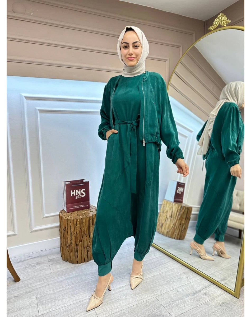 Misswhence 35823 Zümrüt Ceketli İpek Tulum Takım