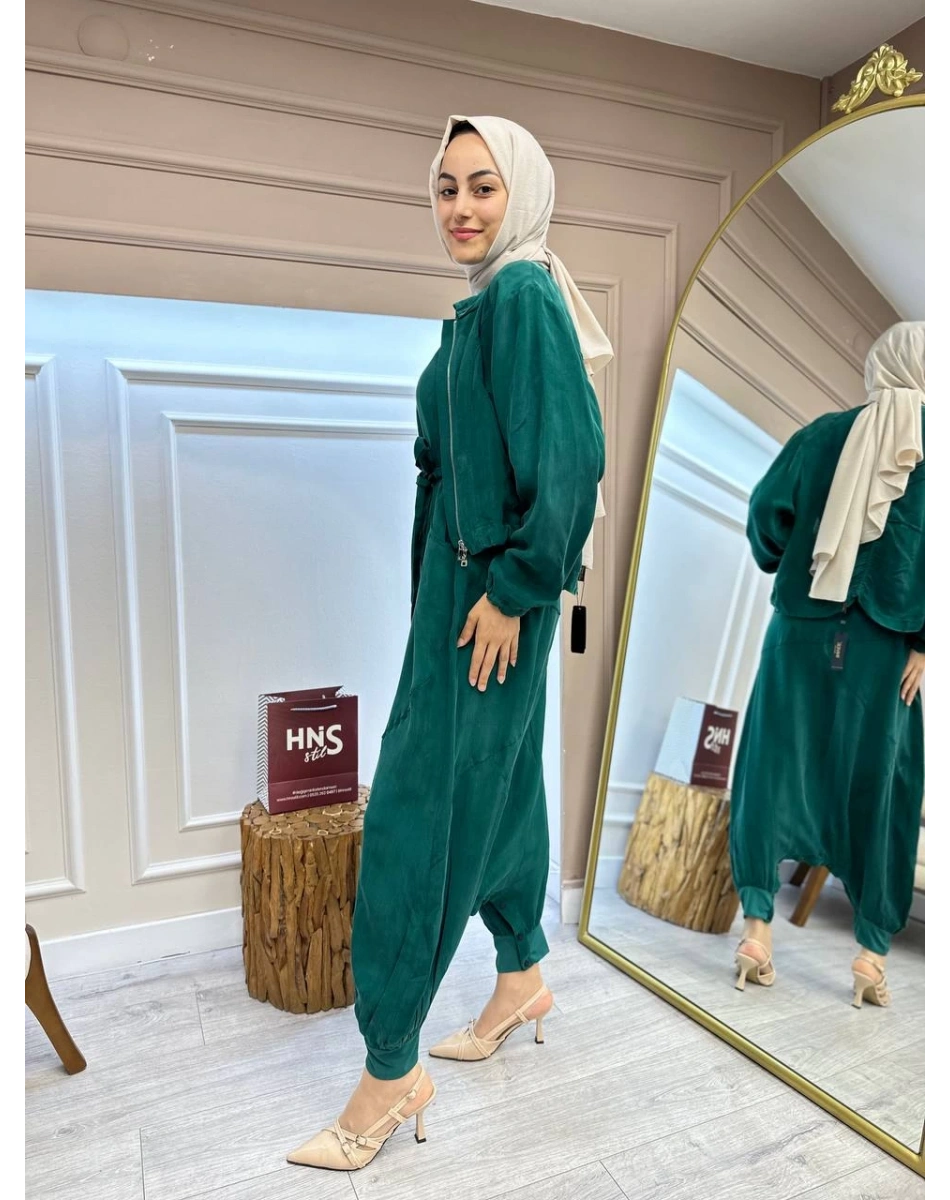 Misswhence 35823 Zümrüt Ceketli İpek Tulum Takım