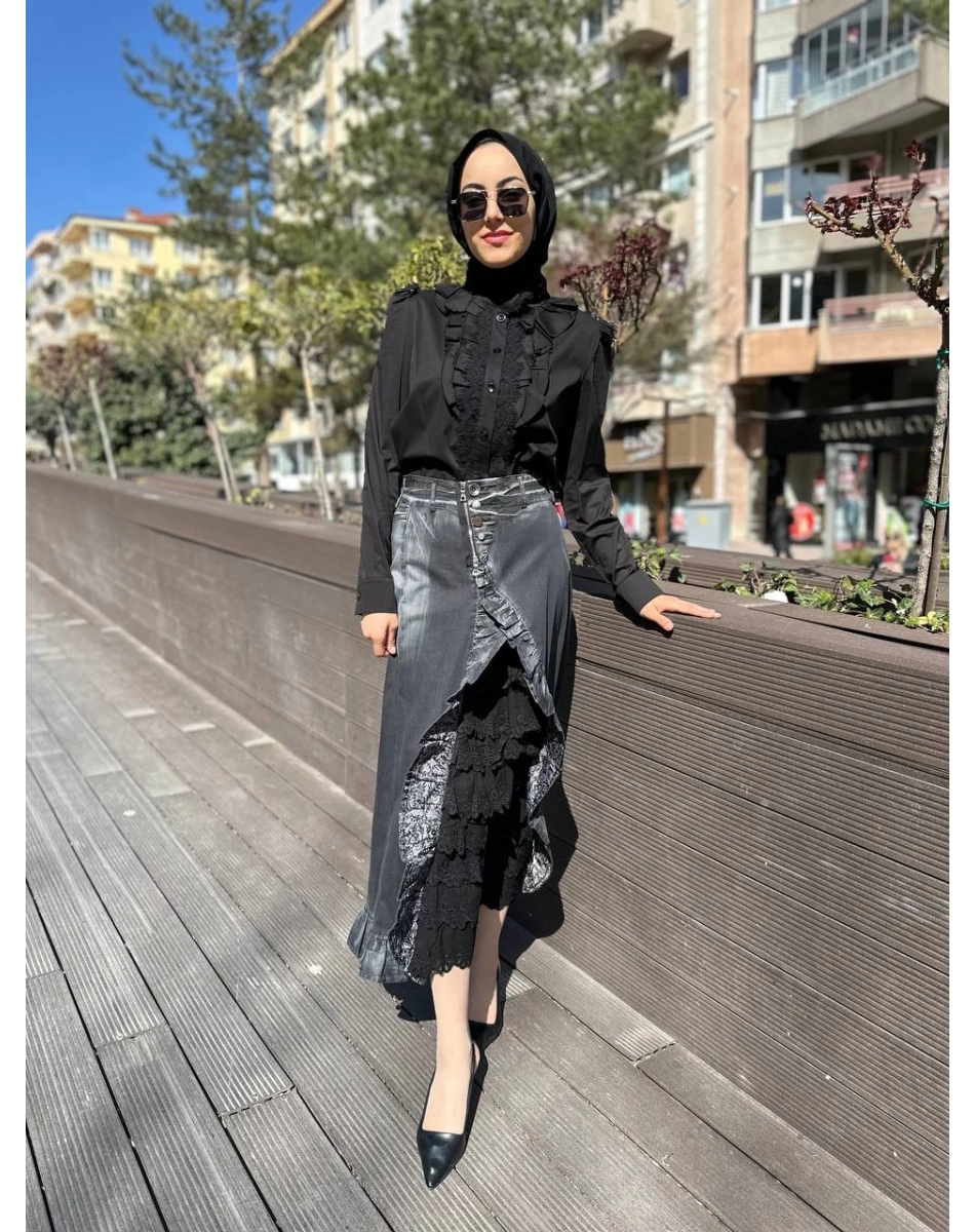 Misswhence 35900 Siyah İçi Güpür Detaylı Kot Etek