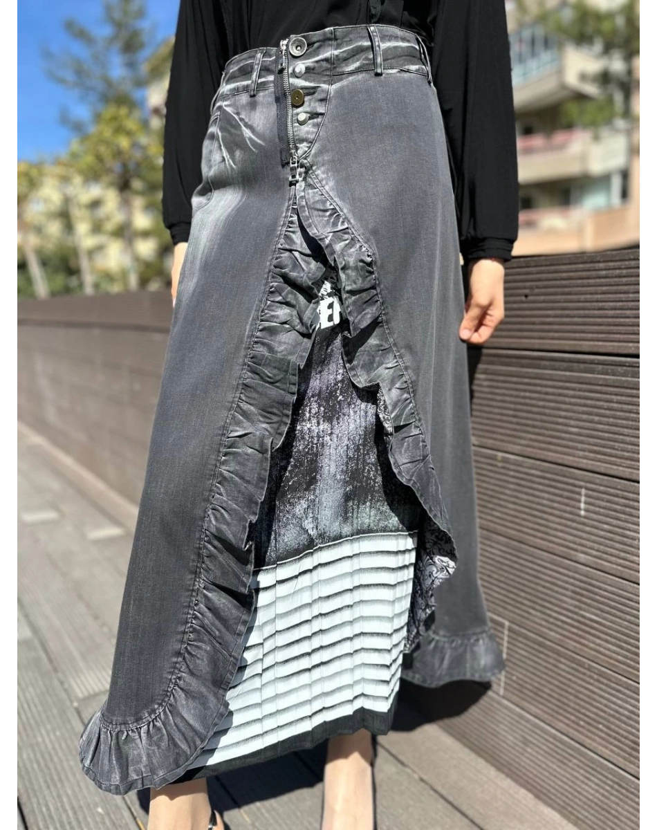 Misswhence 35902 Siyah İçi Desenli Yırtmaçlı Kot Etek