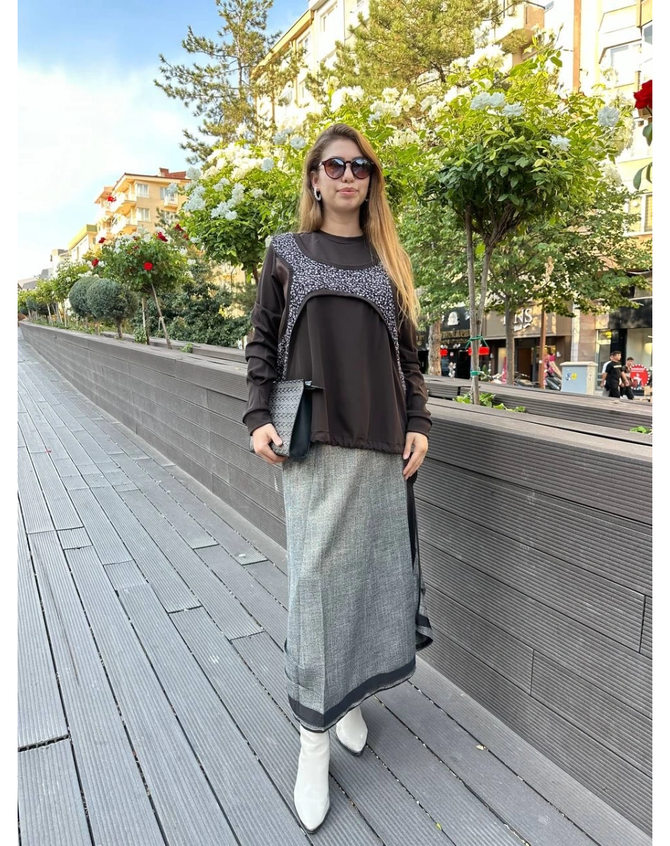 Misswhence 36000 Kahverengi Patchwork Bluz