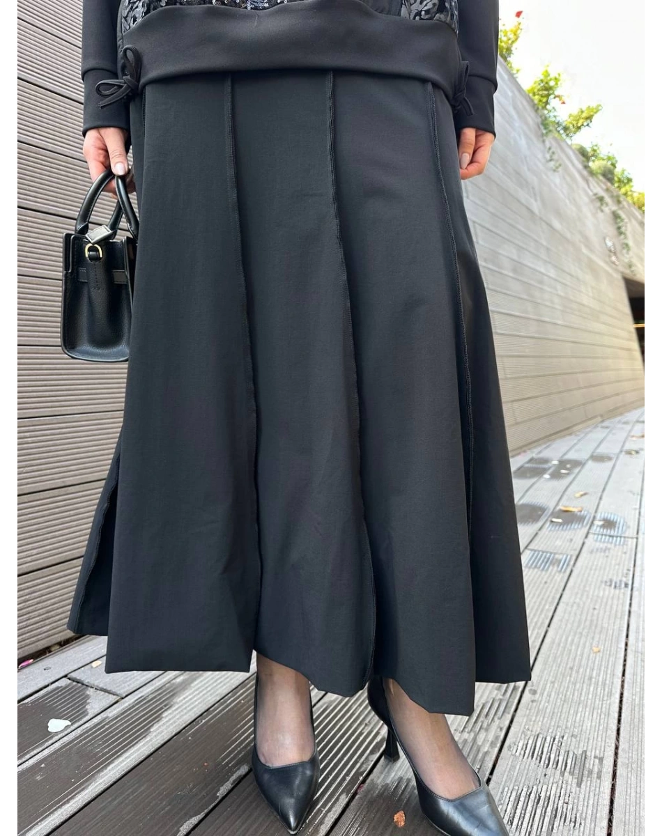 Misswhence 36004 Siyah Patchwork Bluz Paraşüt Etek Takım