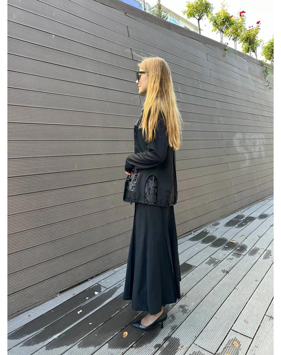 Misswhence 36004 Siyah Patchwork Bluz Paraşüt Etek Takım