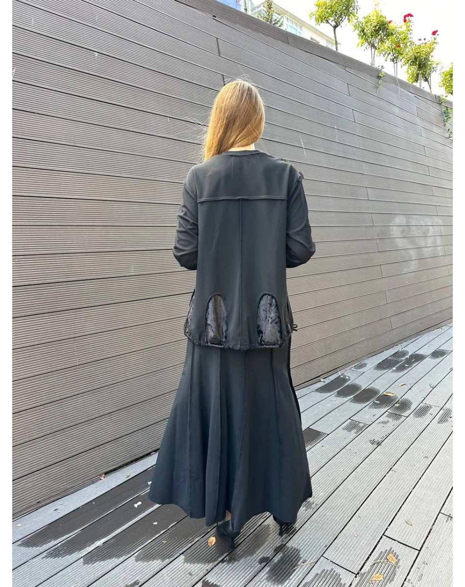 Misswhence 36004 Siyah Patchwork Bluz Paraşüt Etek Takım