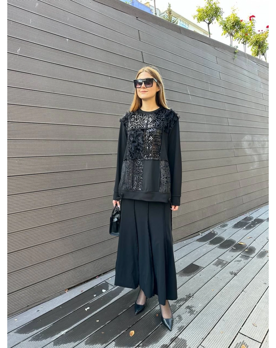 Misswhence 36004 Siyah Patchwork Bluz Paraşüt Etek Takım