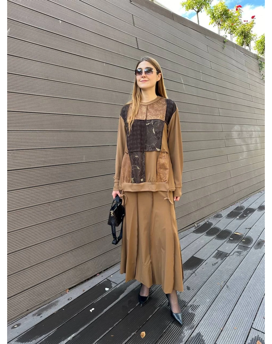 Misswhence 36004 Taba Patchwork Bluz Paraşüt Etek Takım