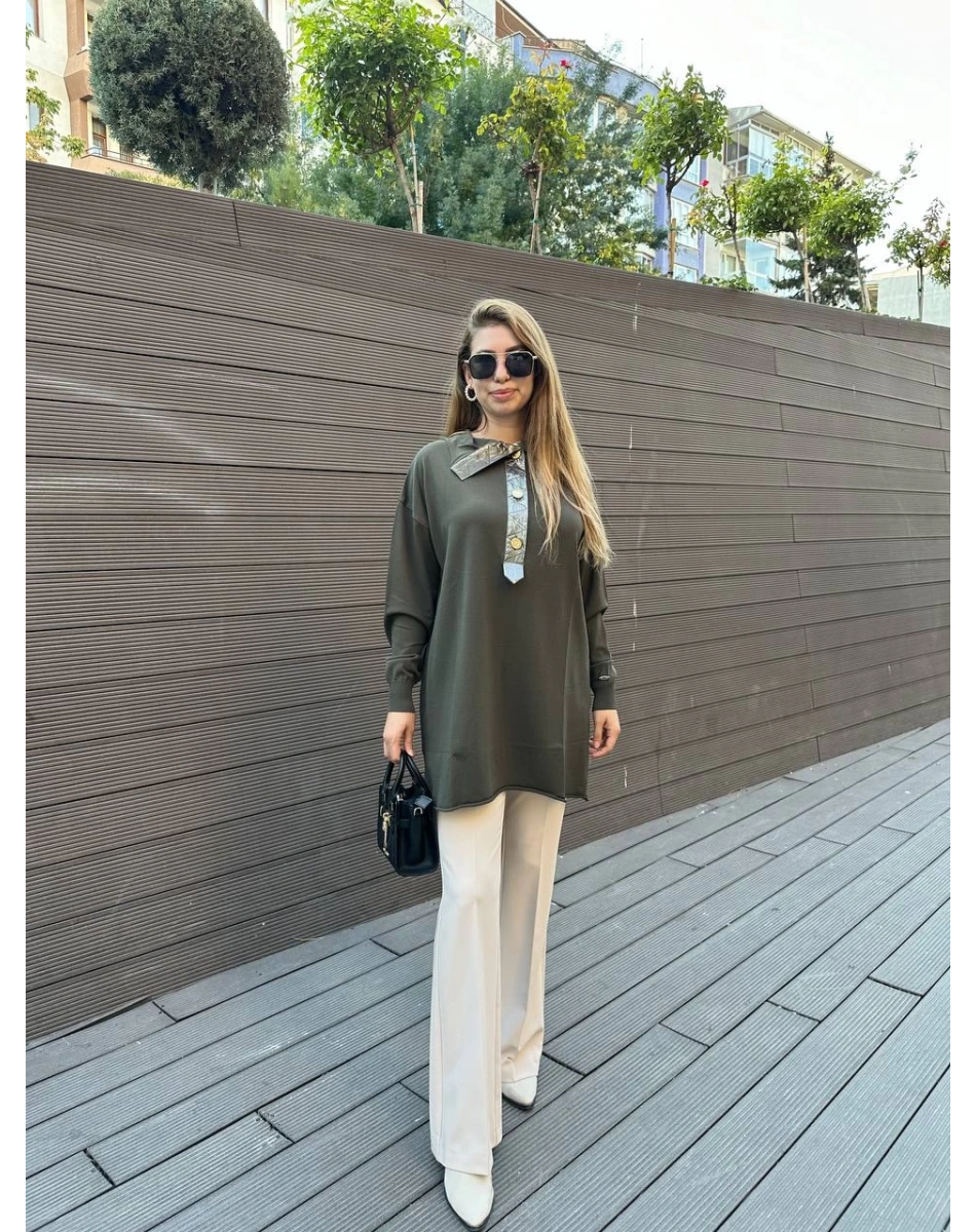 Misswhence 36013 Haki Yaka Detaylı Triko Tunik