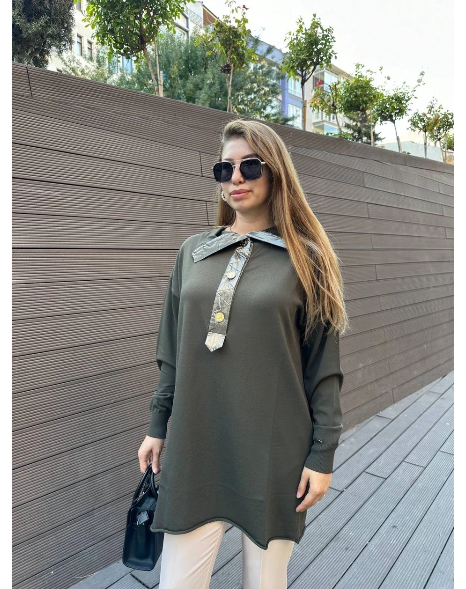 Misswhence 36013 Haki Yaka Detaylı Triko Tunik