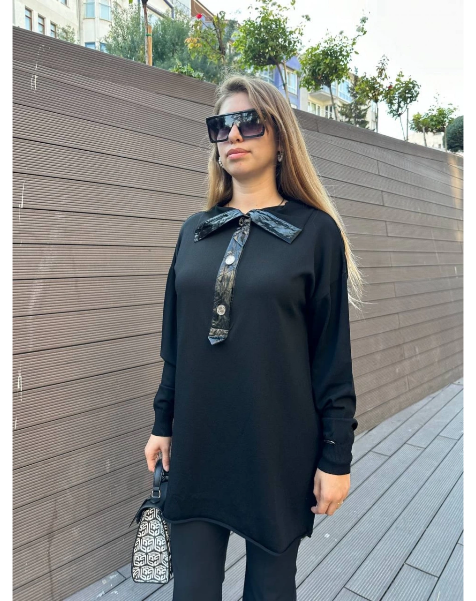 Misswhence 36013 Siyah Yaka Detaylı Triko Tunik