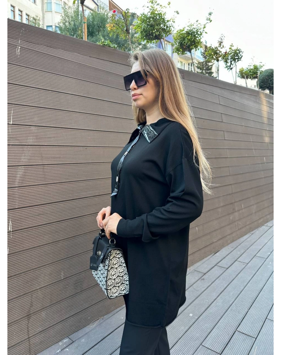 Misswhence 36013 Siyah Yaka Detaylı Triko Tunik