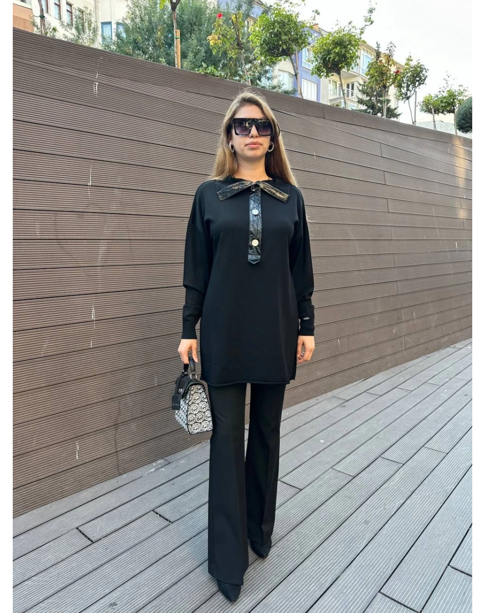 Misswhence 36013 Siyah Yaka Detaylı Triko Tunik