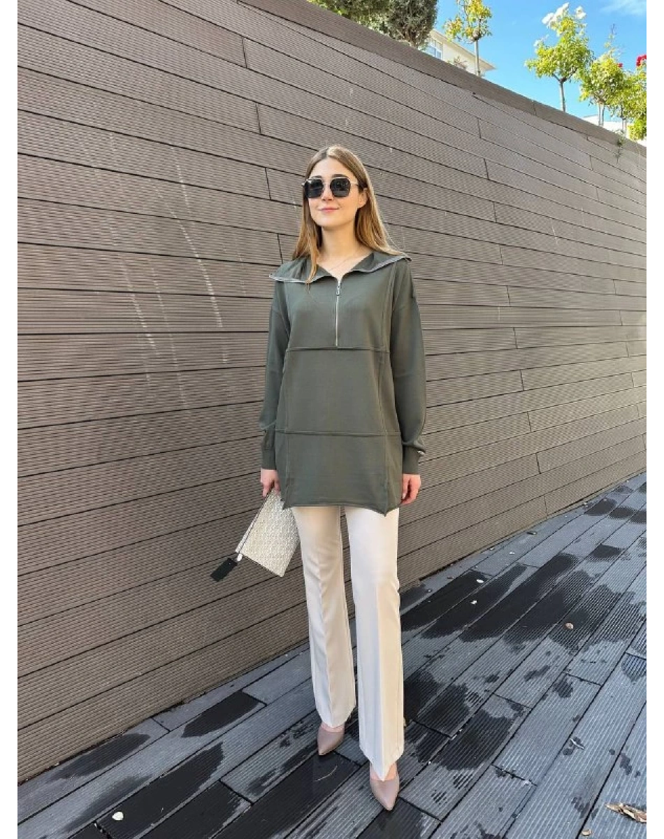 Misswhence 36016 Haki Fermuar Detaylı Triko Tunik