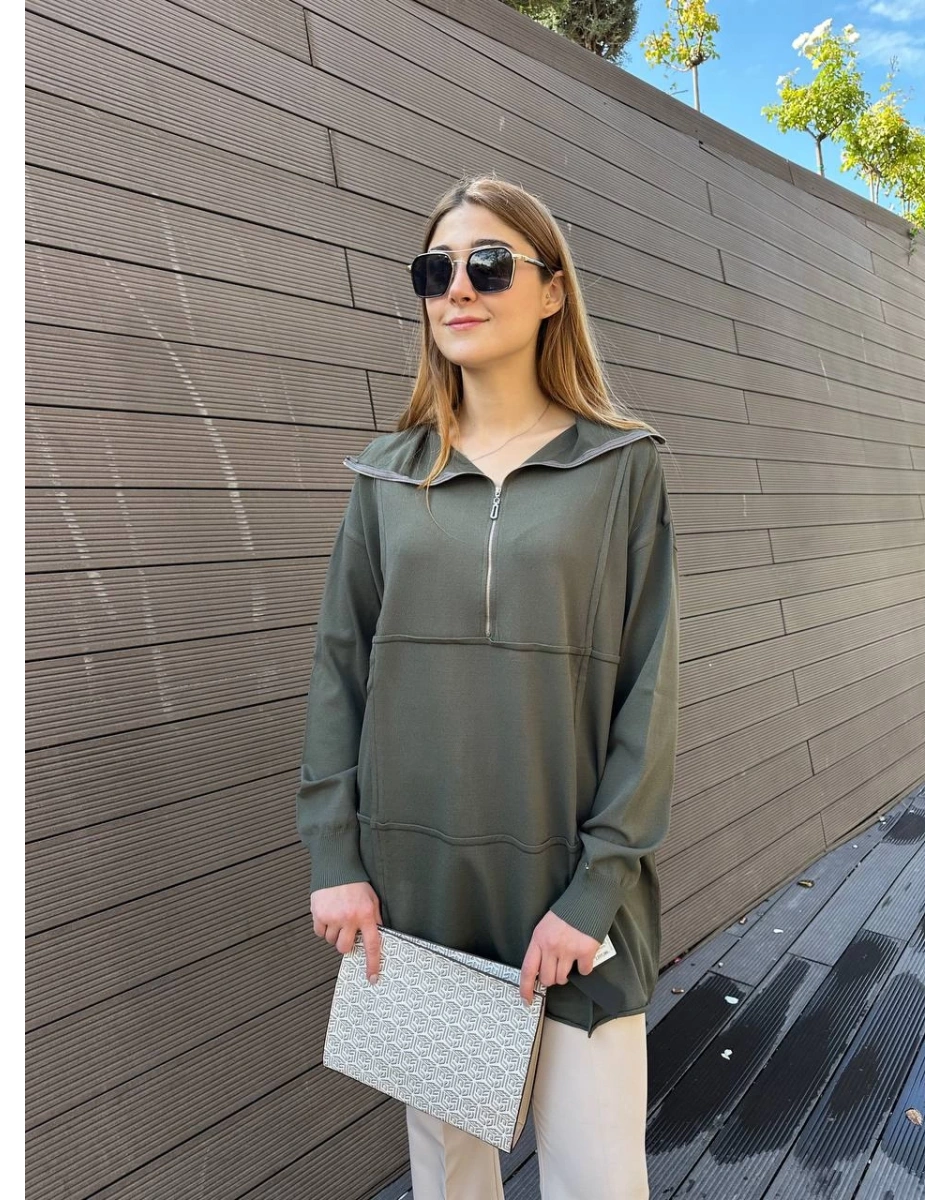 Misswhence 36016 Haki Fermuar Detaylı Triko Tunik