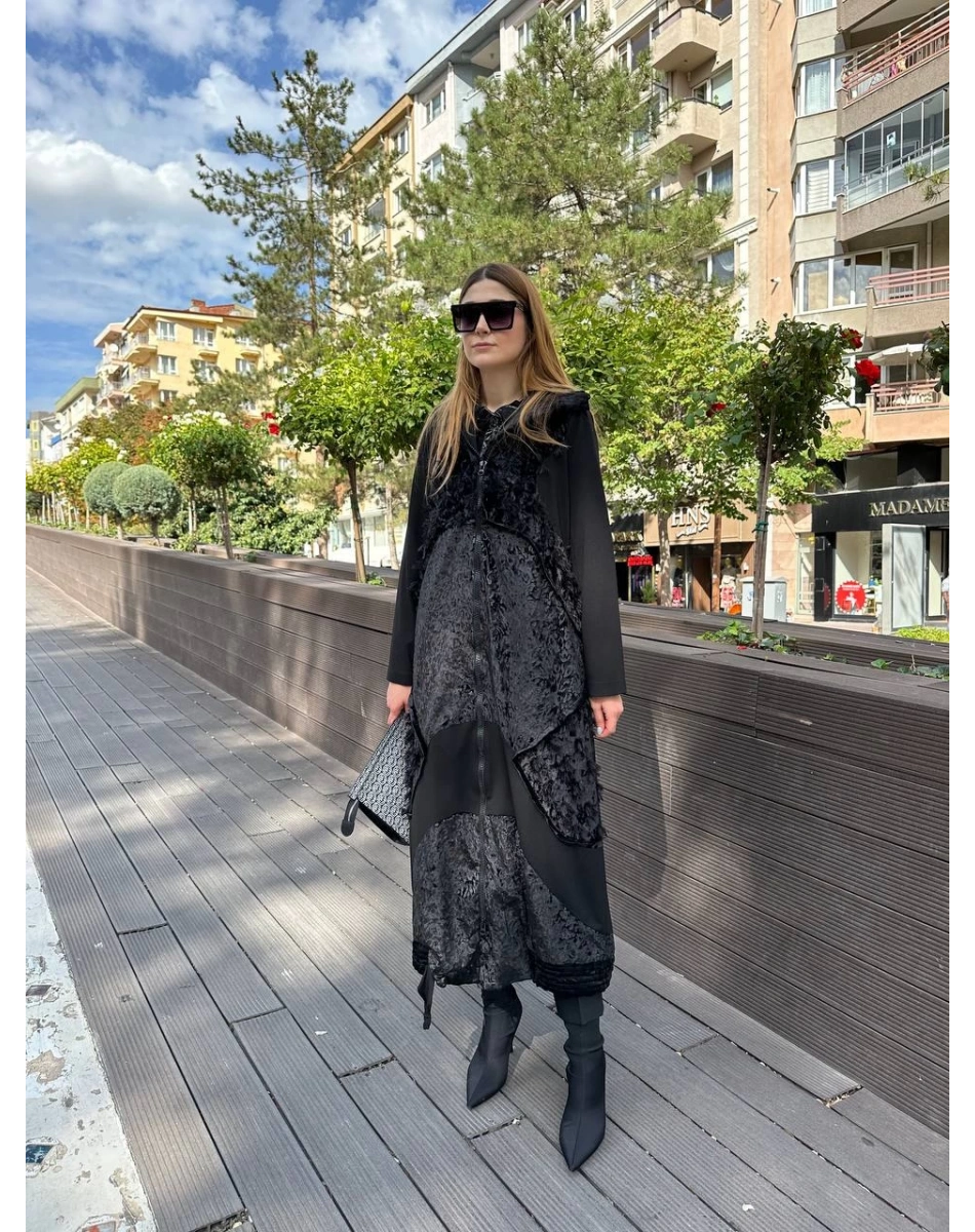 Misswhence 36410 Siyah Kadife Patchwork Kap