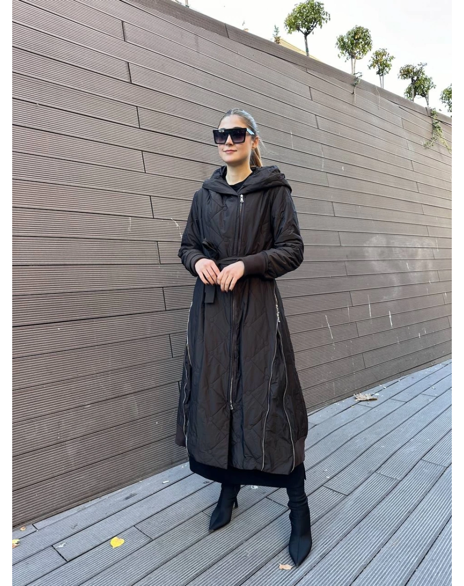 Misswhence 36522 Kahverengi Fermuar Detaylı Şişme Kaban