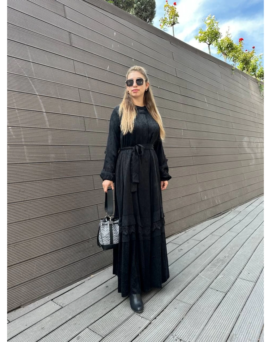 Misswhence 36528 Siyah Güpürlü Jakar İpek Kap