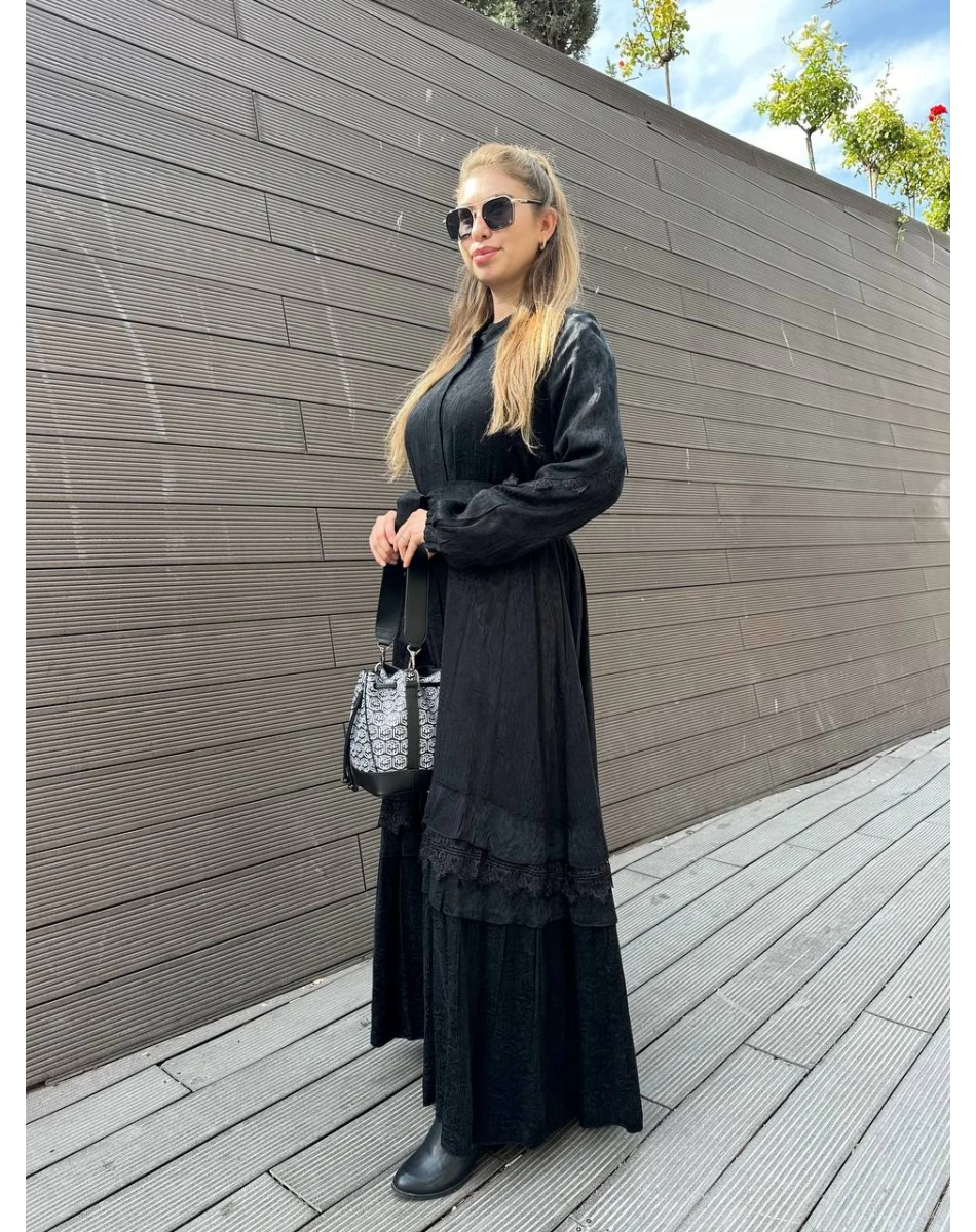 Misswhence 36528 Siyah Güpürlü Jakar İpek Kap