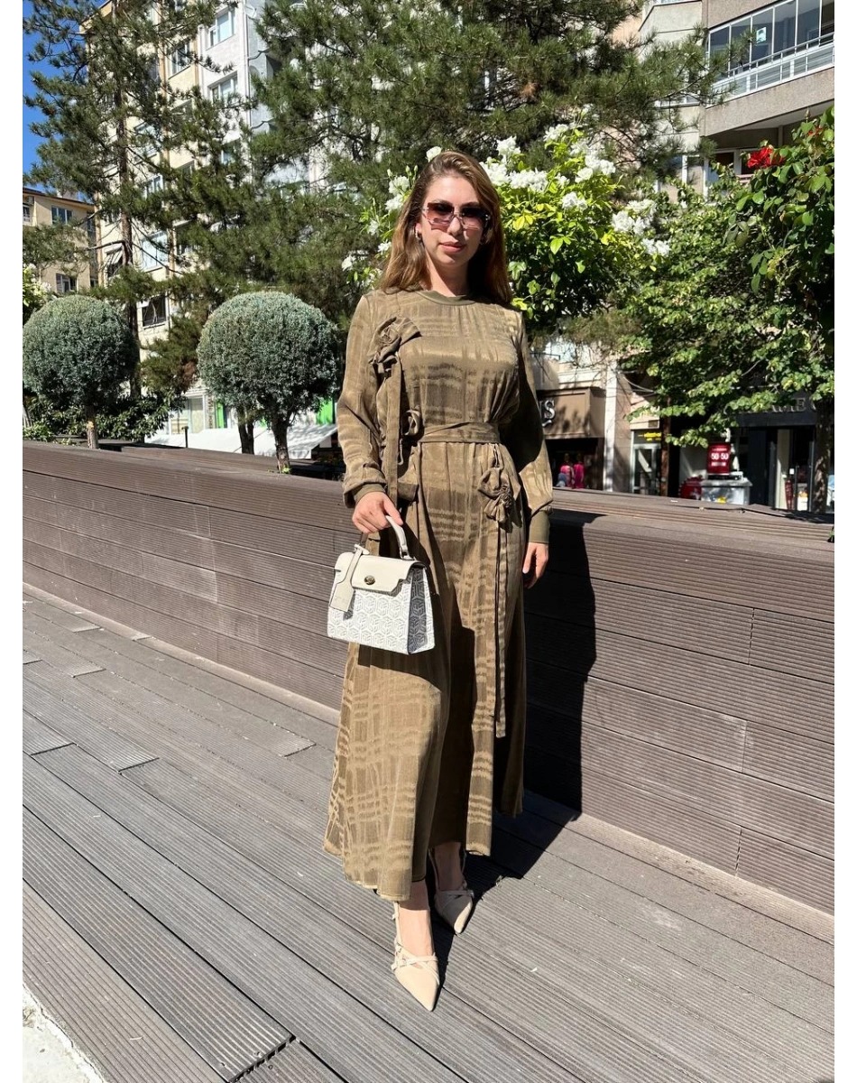 Misswhence 36800 Haki Kendinden Desenli Elbise