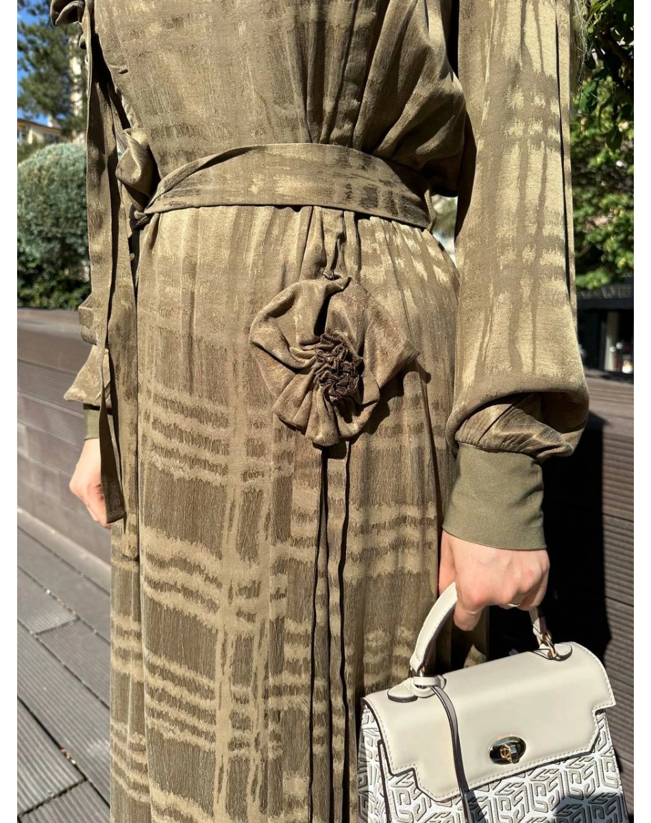 Misswhence 36800 Haki Kendinden Desenli Elbise