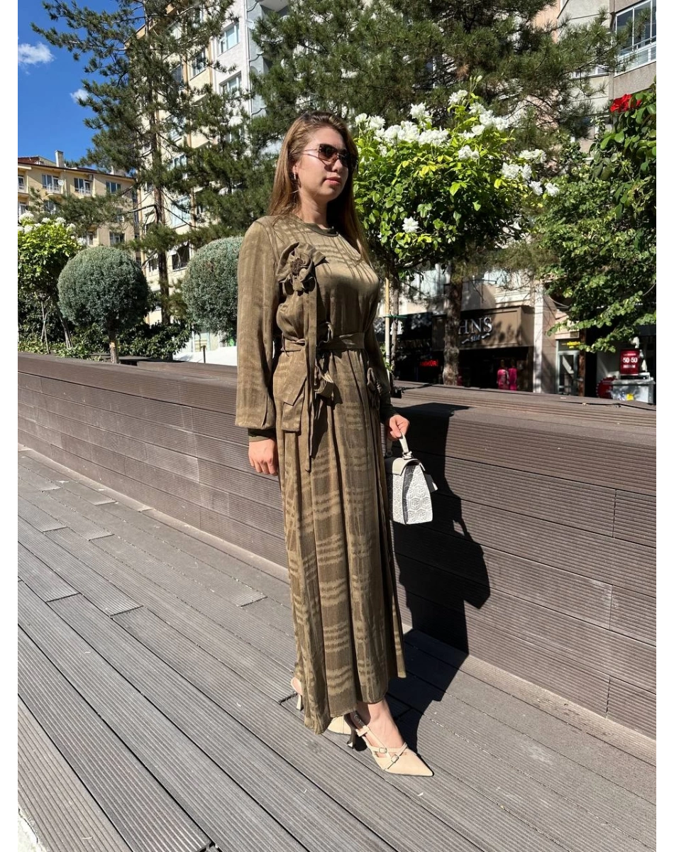 Misswhence 36800 Haki Kendinden Desenli Elbise