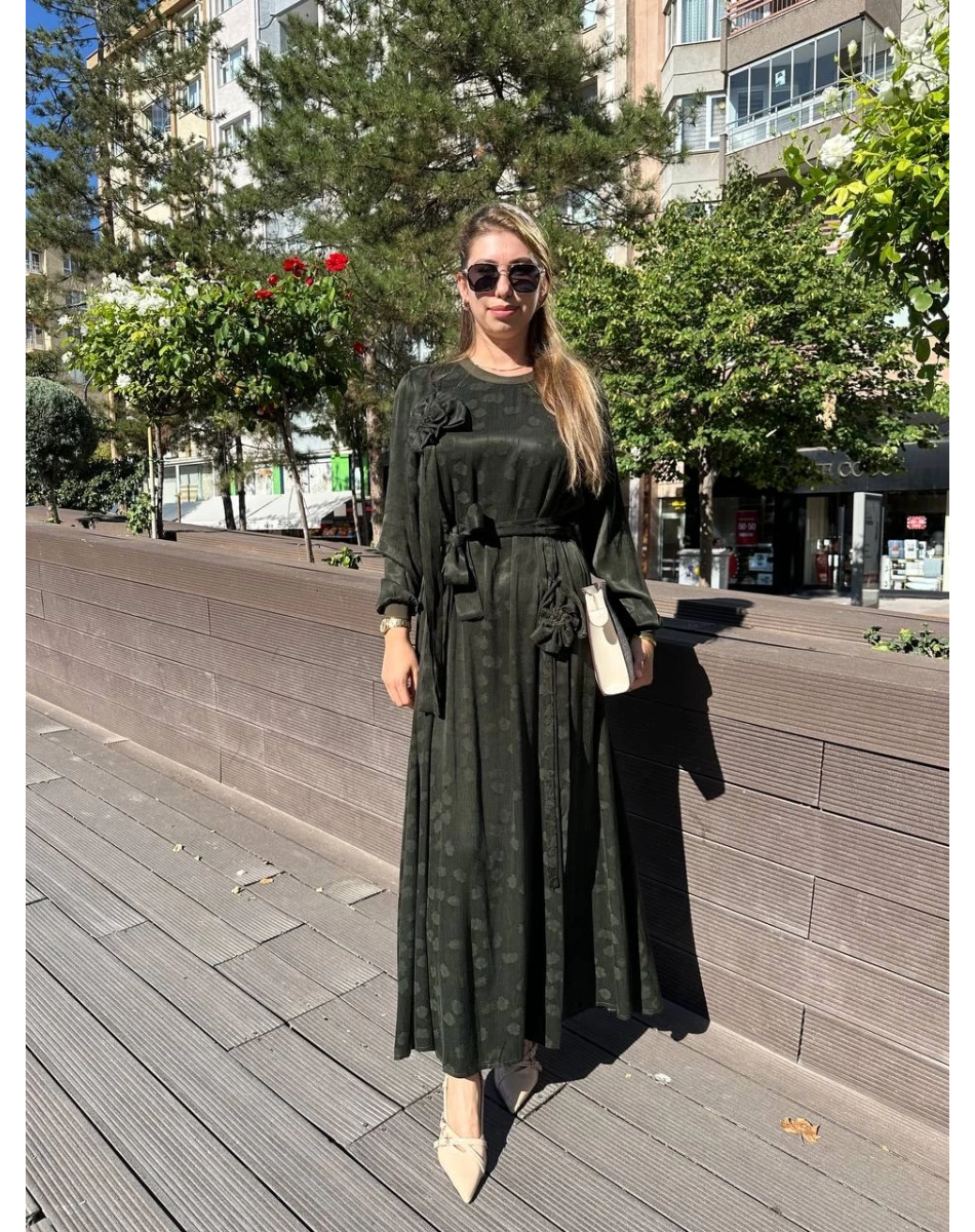 Misswhence 36800 Yeşil Kendinden Desenli Elbise