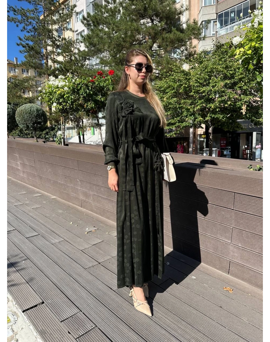 Misswhence 36800 Yeşil Kendinden Desenli Elbise