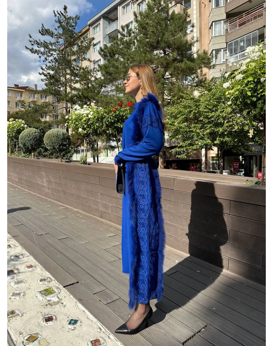 Misswhence 36805 Saks Triko Kürklü Elbise