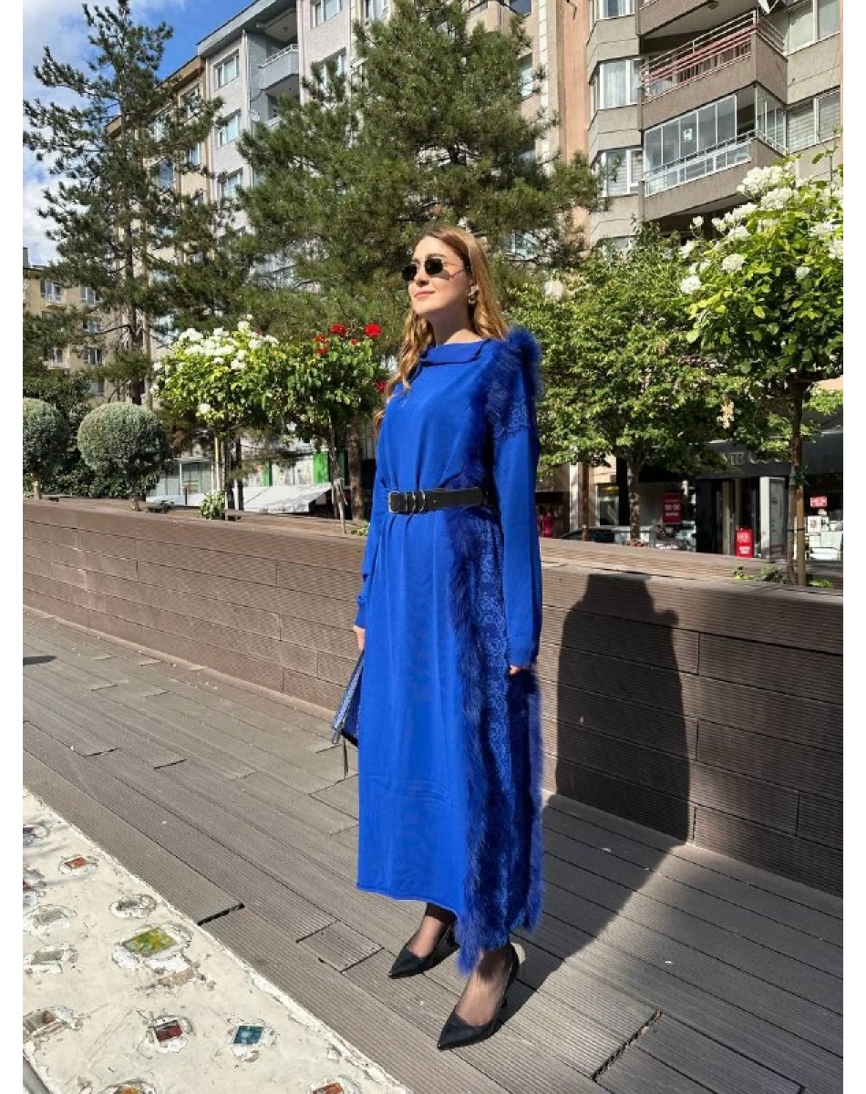 Misswhence 36805 Saks Triko Kürklü Elbise