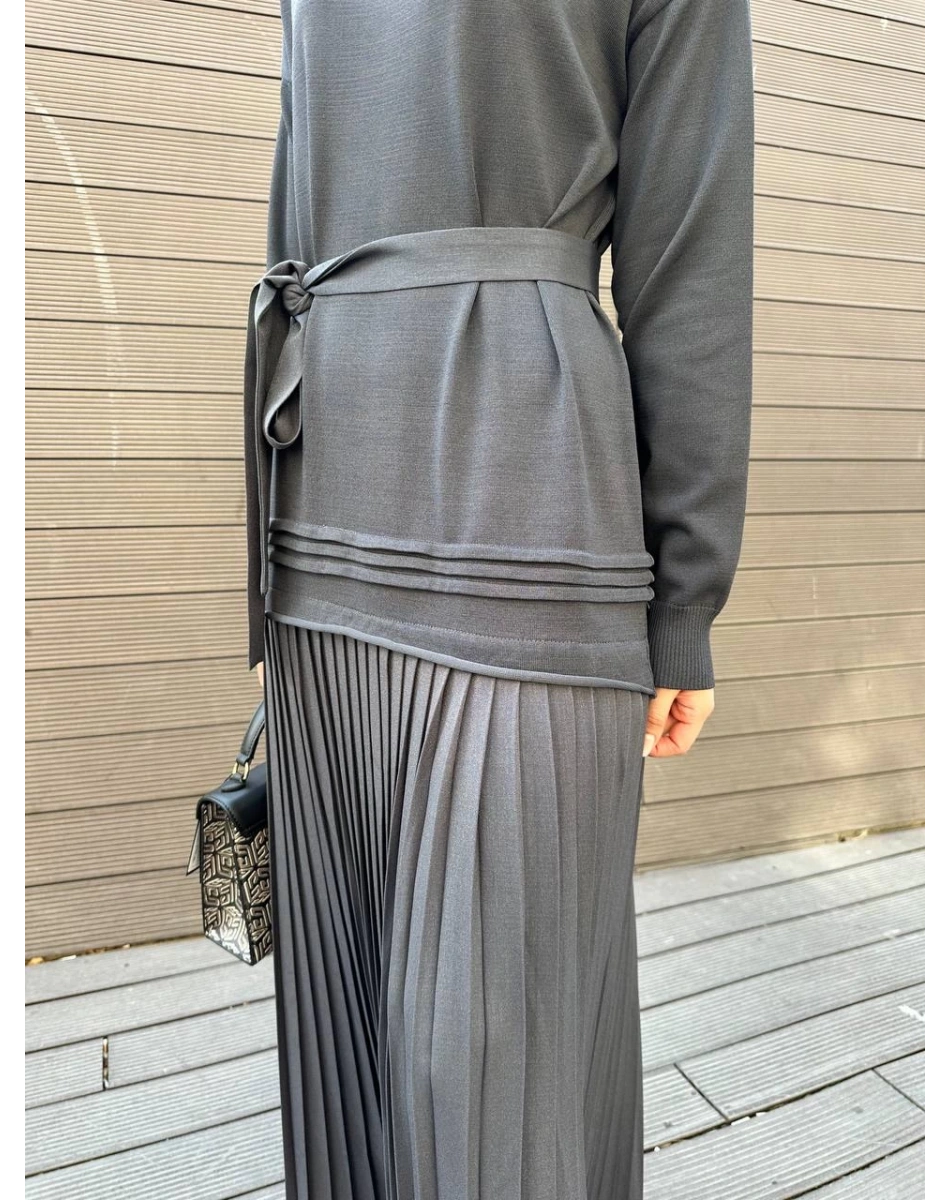 Misswhence 36813 Gri Pilise Detaylı Triko Elbise