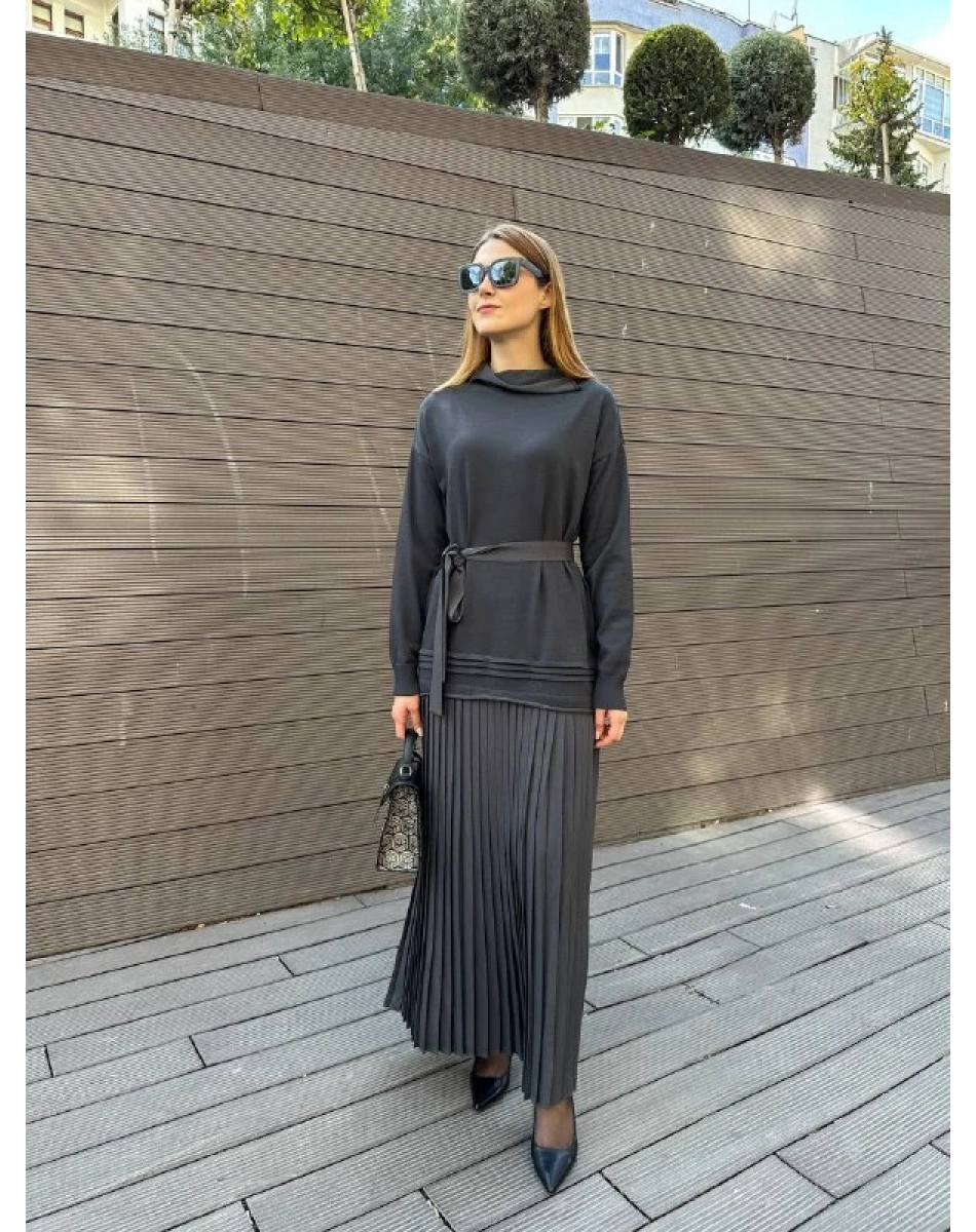 Misswhence 36813 Gri Pilise Detaylı Triko Elbise