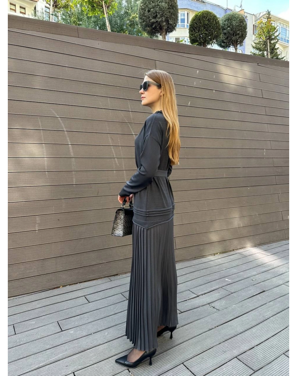 Misswhence 36813 Gri Pilise Detaylı Triko Elbise