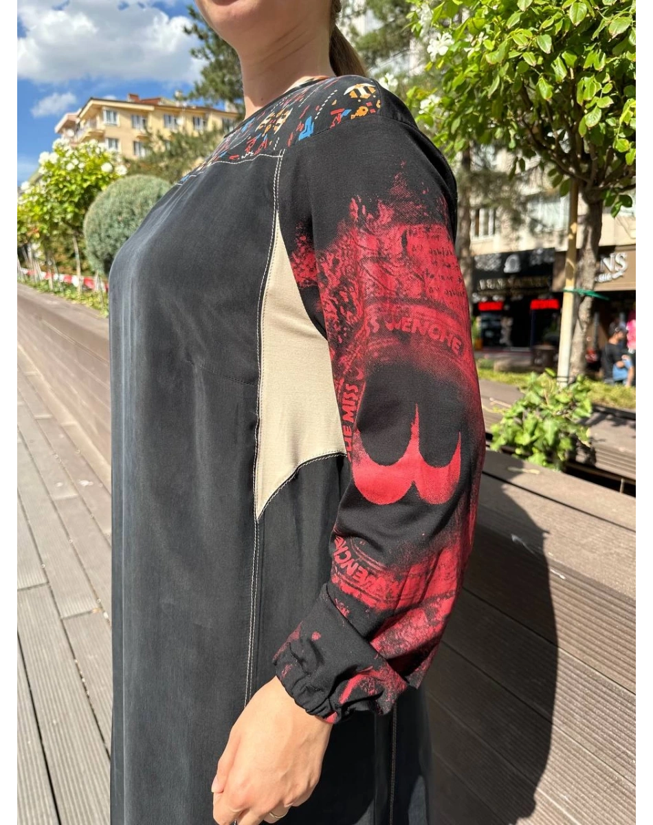 Misswhence 36818 Siyah Üst Kısmı Desenli İpek Elbise