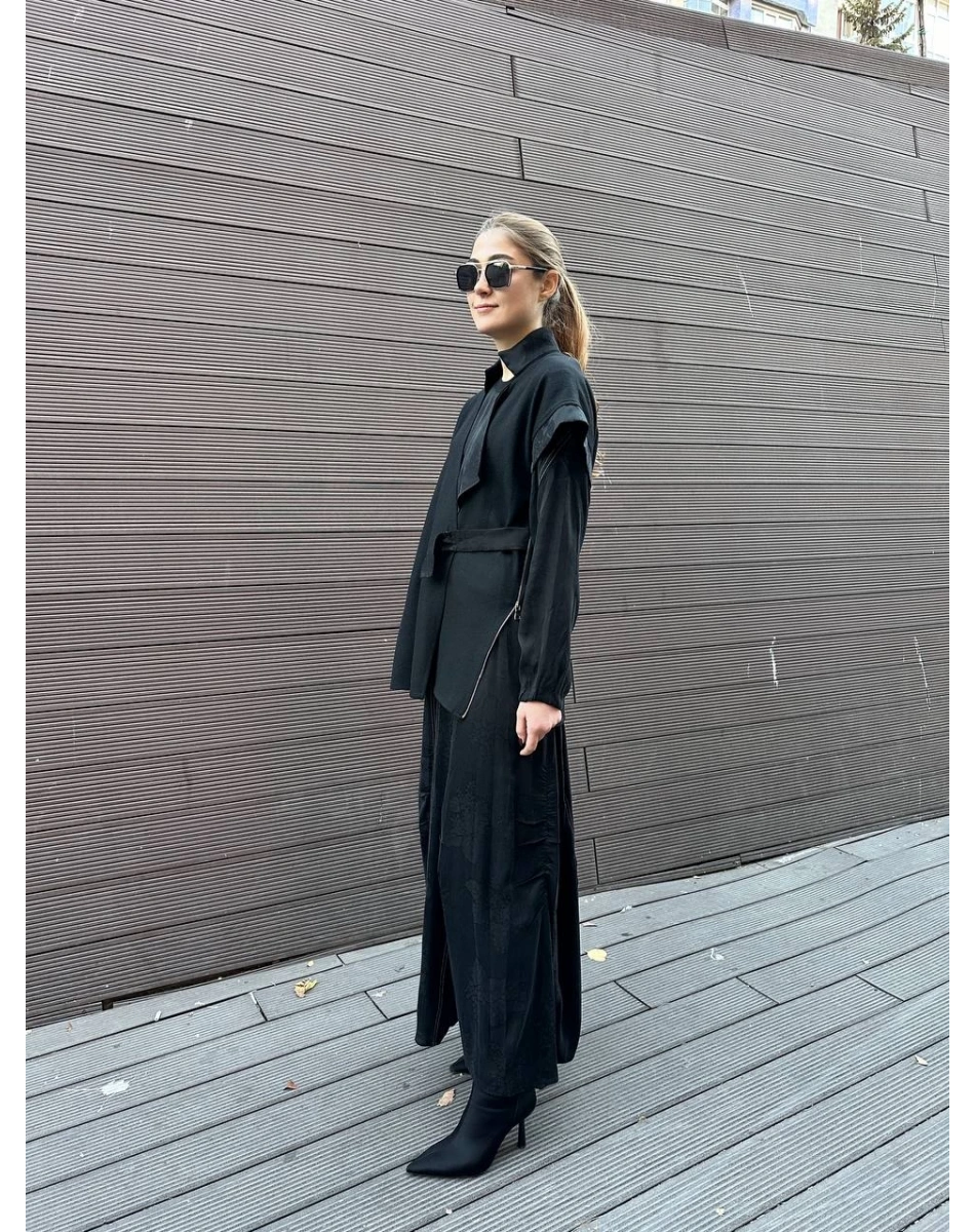 Misswhence 36819 Siyah Keçe Yelekli Cupro Elbise