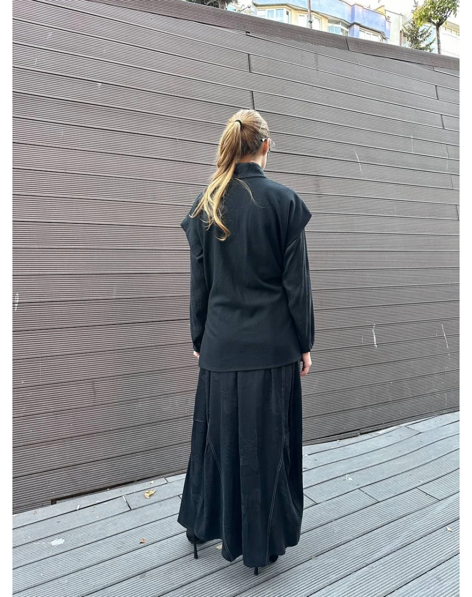 Misswhence 36819 Siyah Keçe Yelekli Cupro Elbise