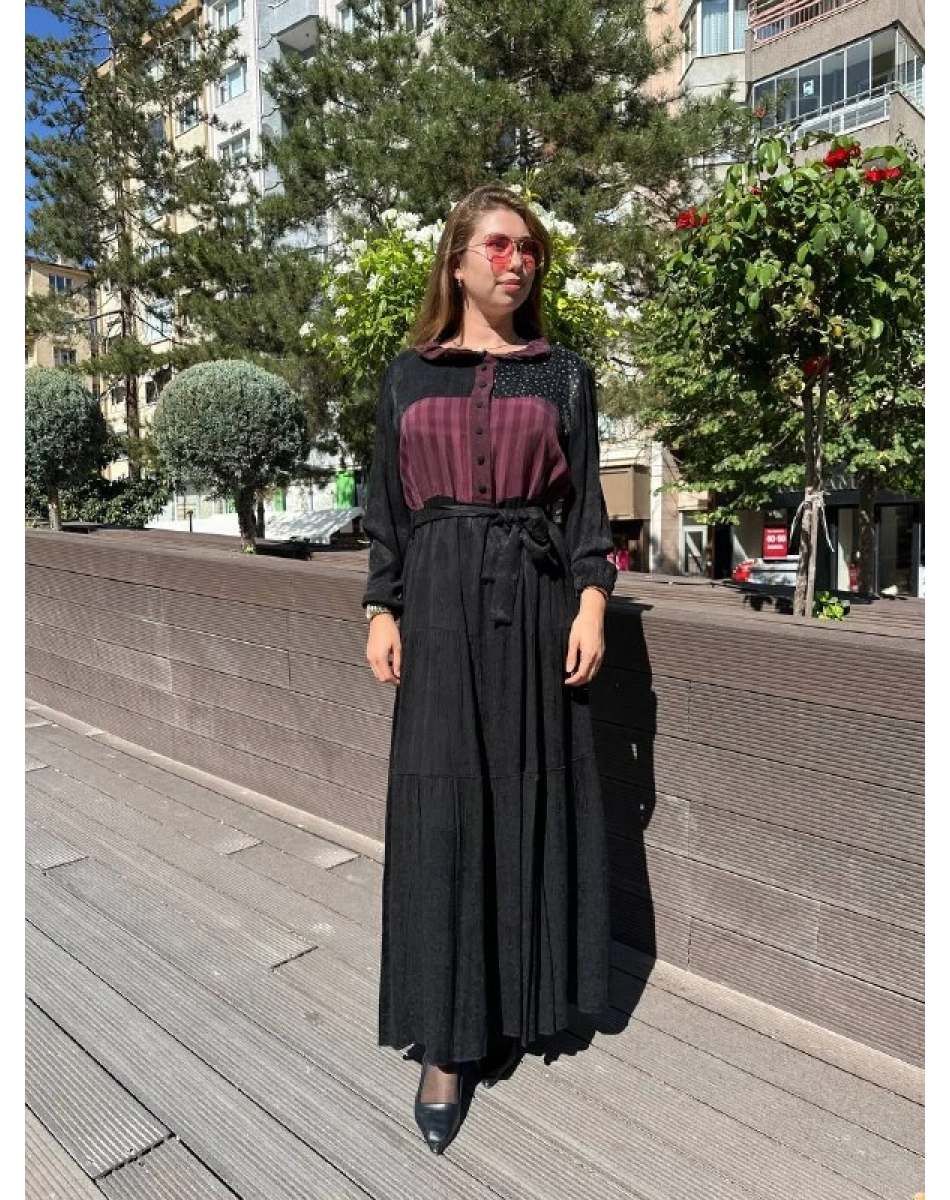 Misswhence 36821 Siyah Yaka Detaylı Elbise