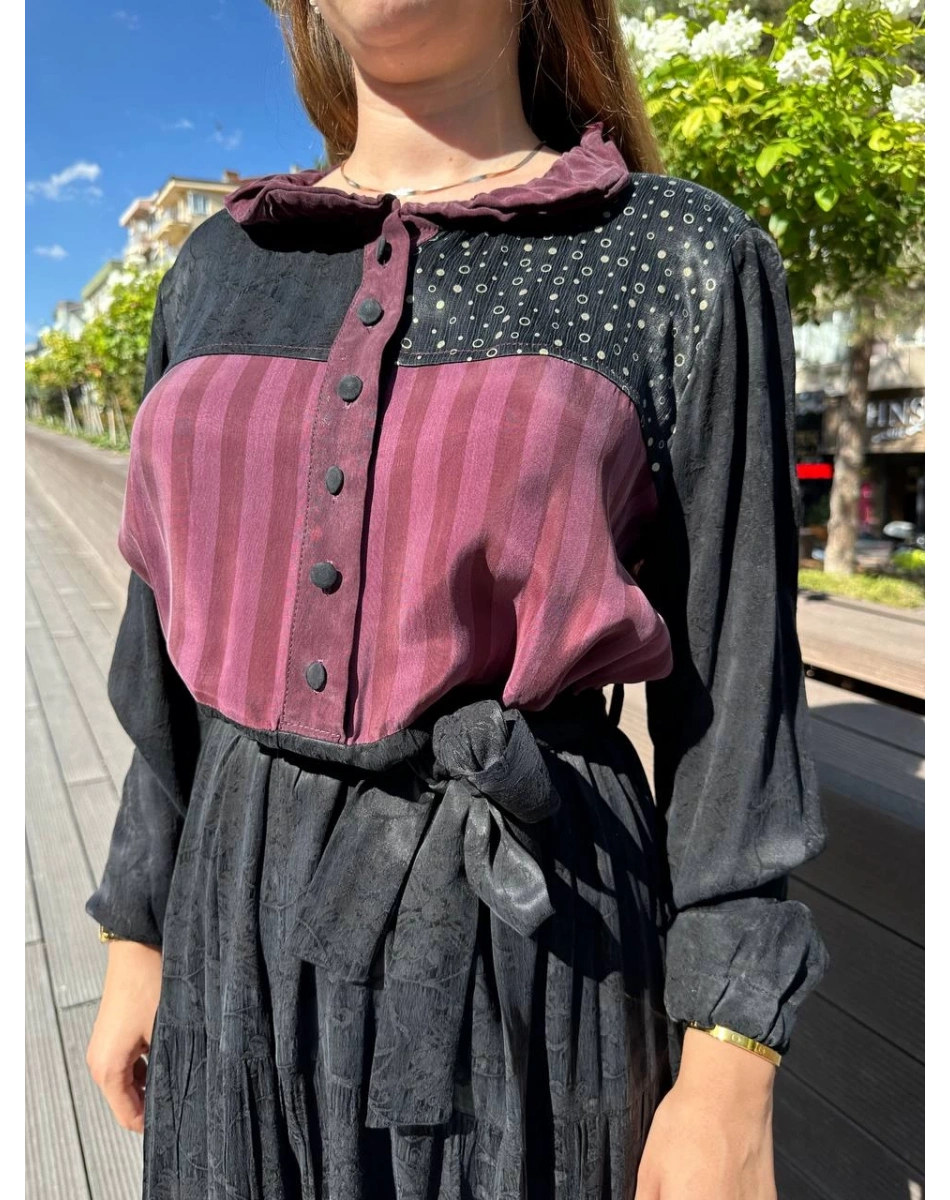 Misswhence 36821 Siyah Yaka Detaylı Elbise