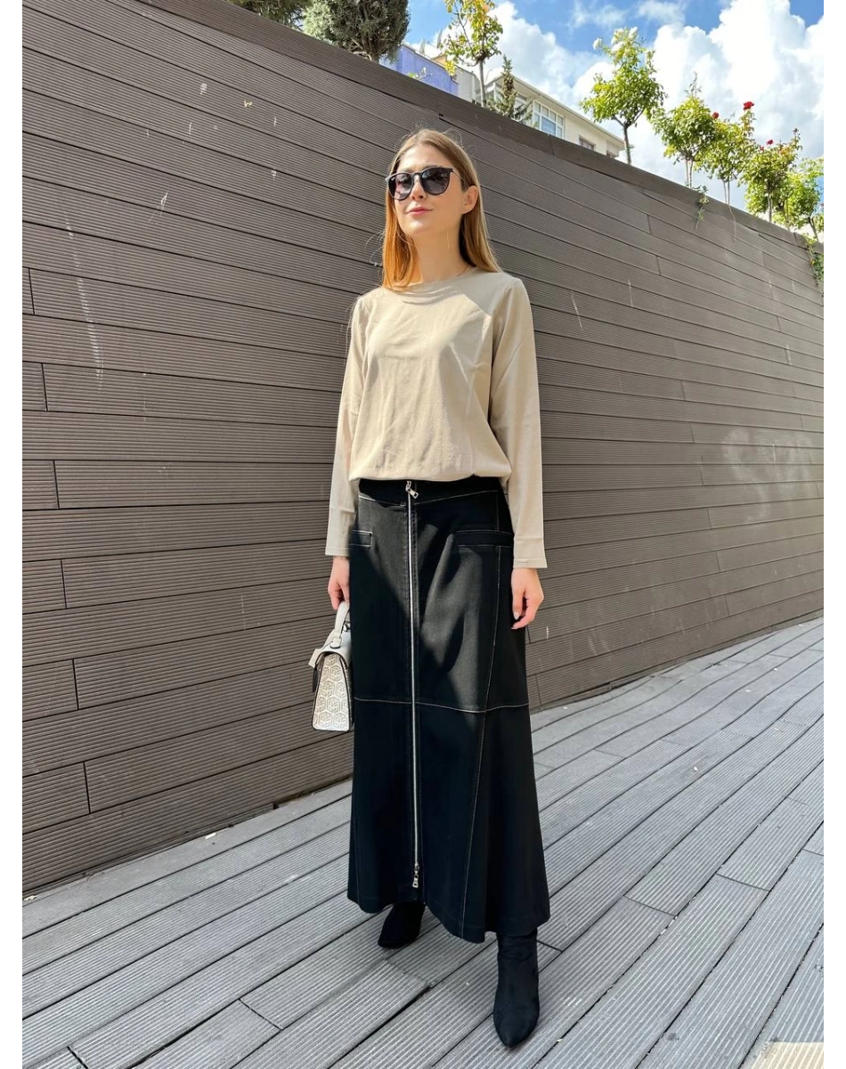 Misswhence 36901 Siyah Kot Fermuarlı Etek