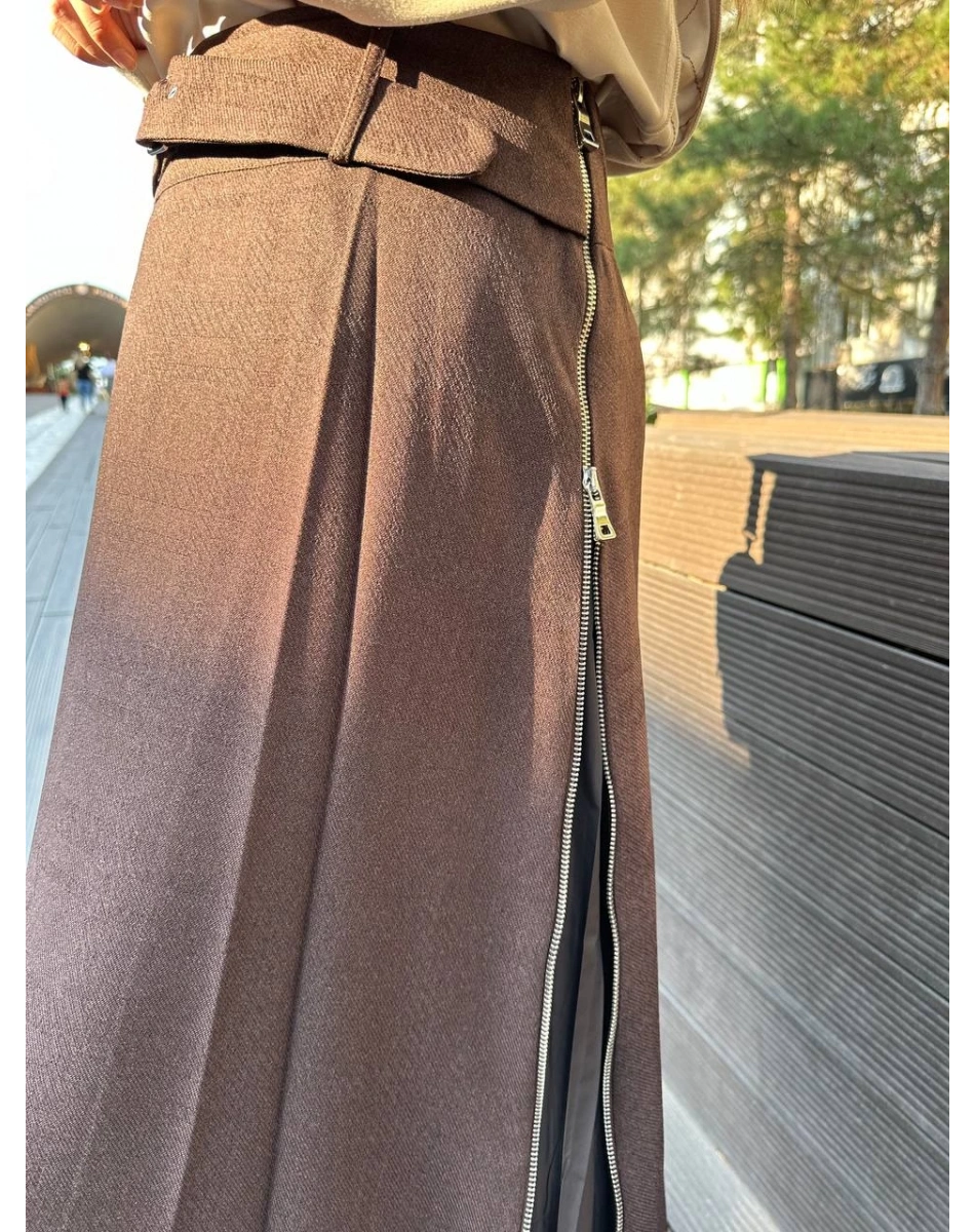 Misswhence 36904 Kahverengi Fermuar Detaylı Etek