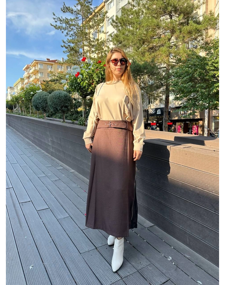 Misswhence 36904 Kahverengi Fermuar Detaylı Etek