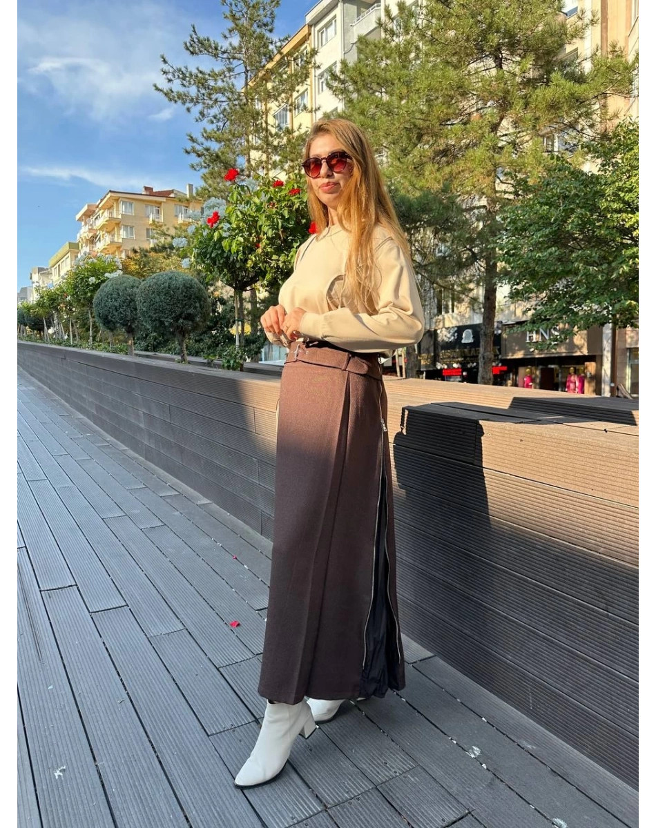 Misswhence 36904 Kahverengi Fermuar Detaylı Etek