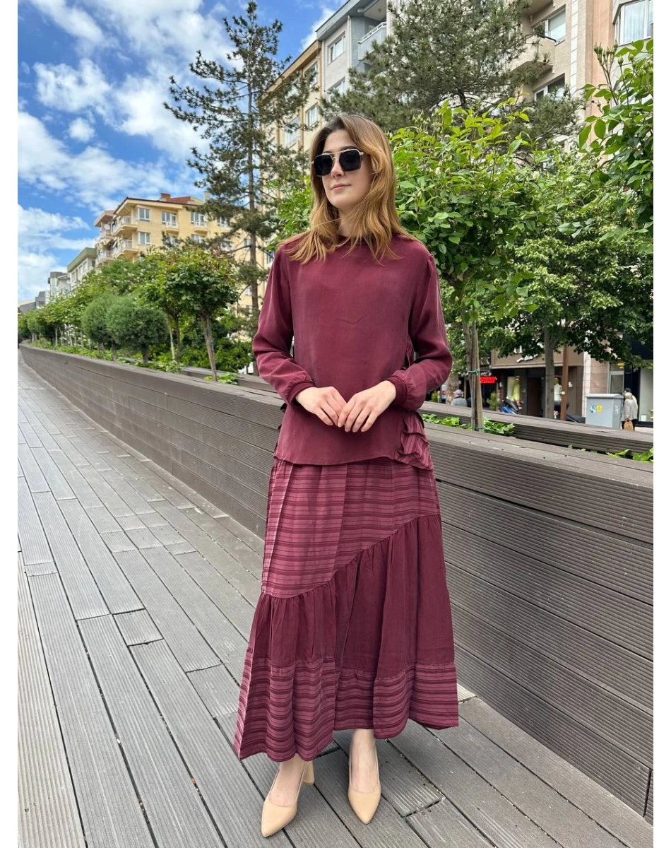 Misswhence 37016 Bordo İpek Etekli Takım