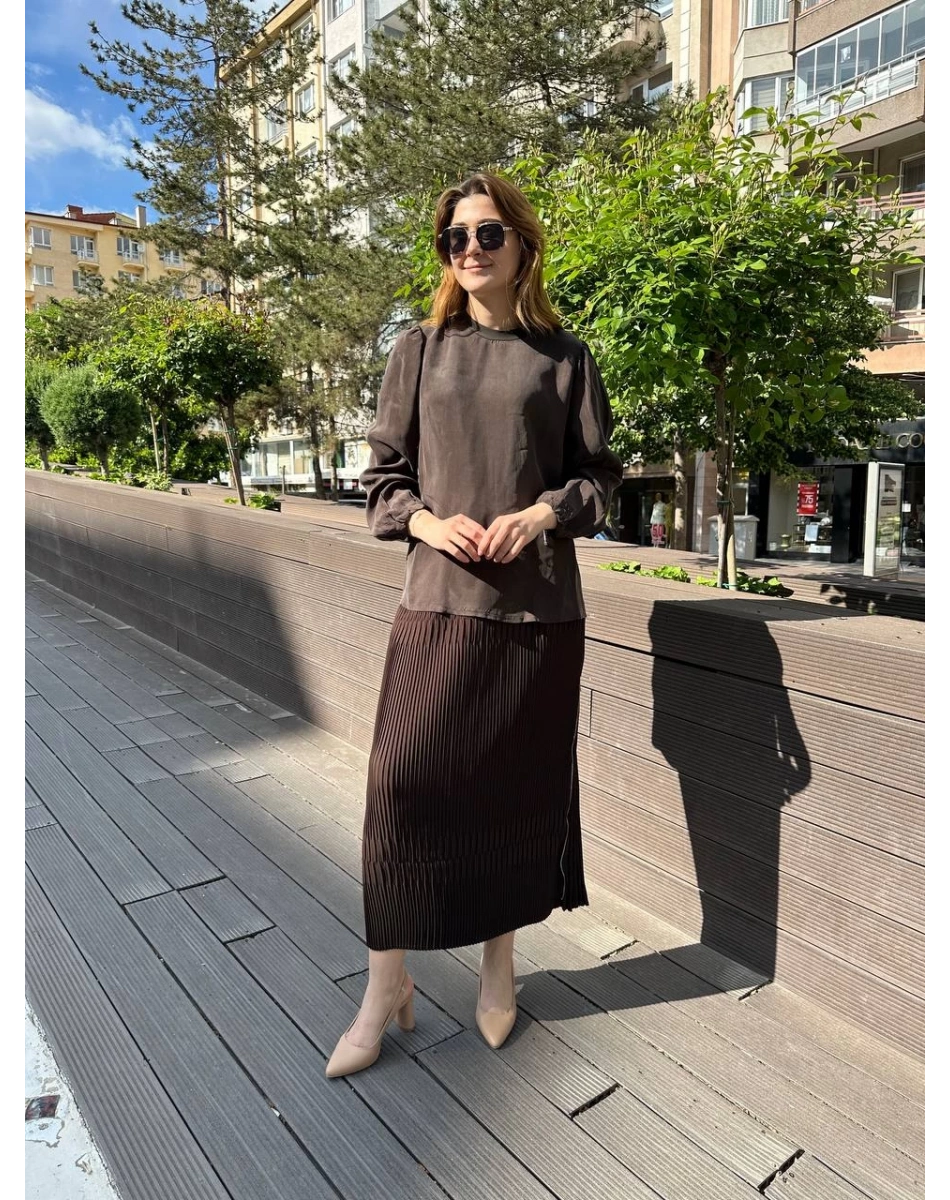 Misswhence 37019 Kahverengi İpek Kısa Tunik