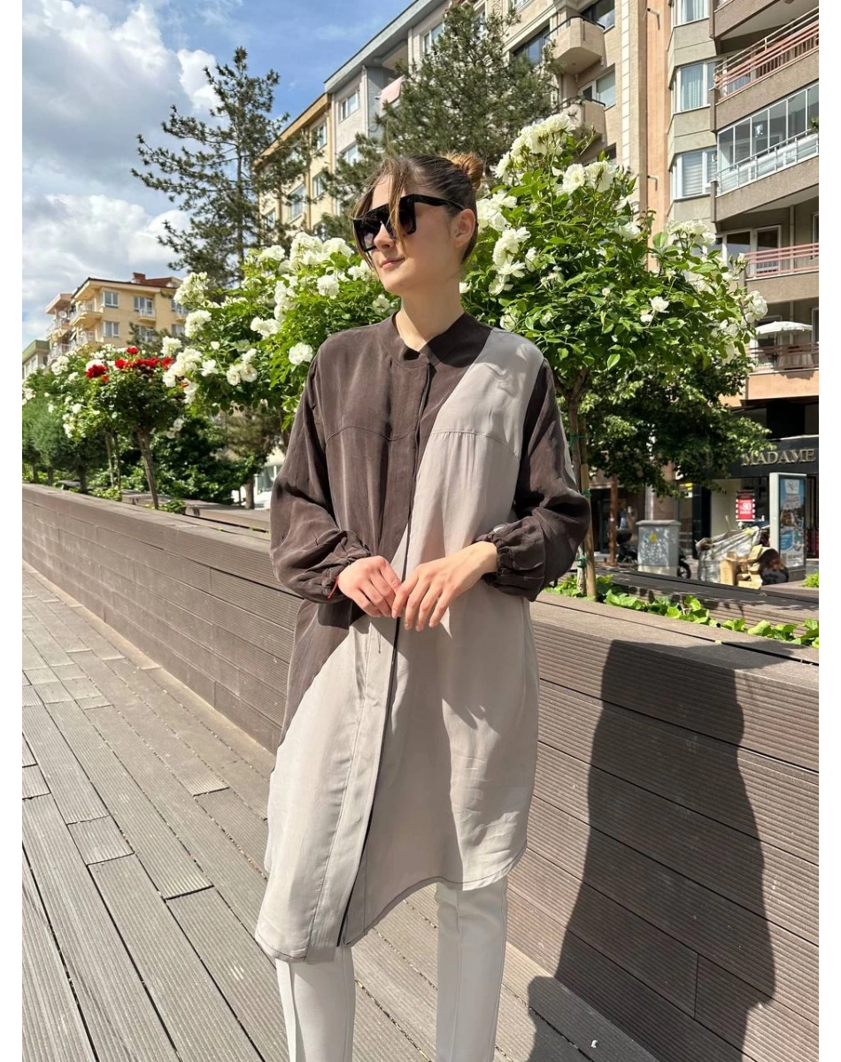 Misswhence 37315 Kahve Taş Cupro İpek Gömlek