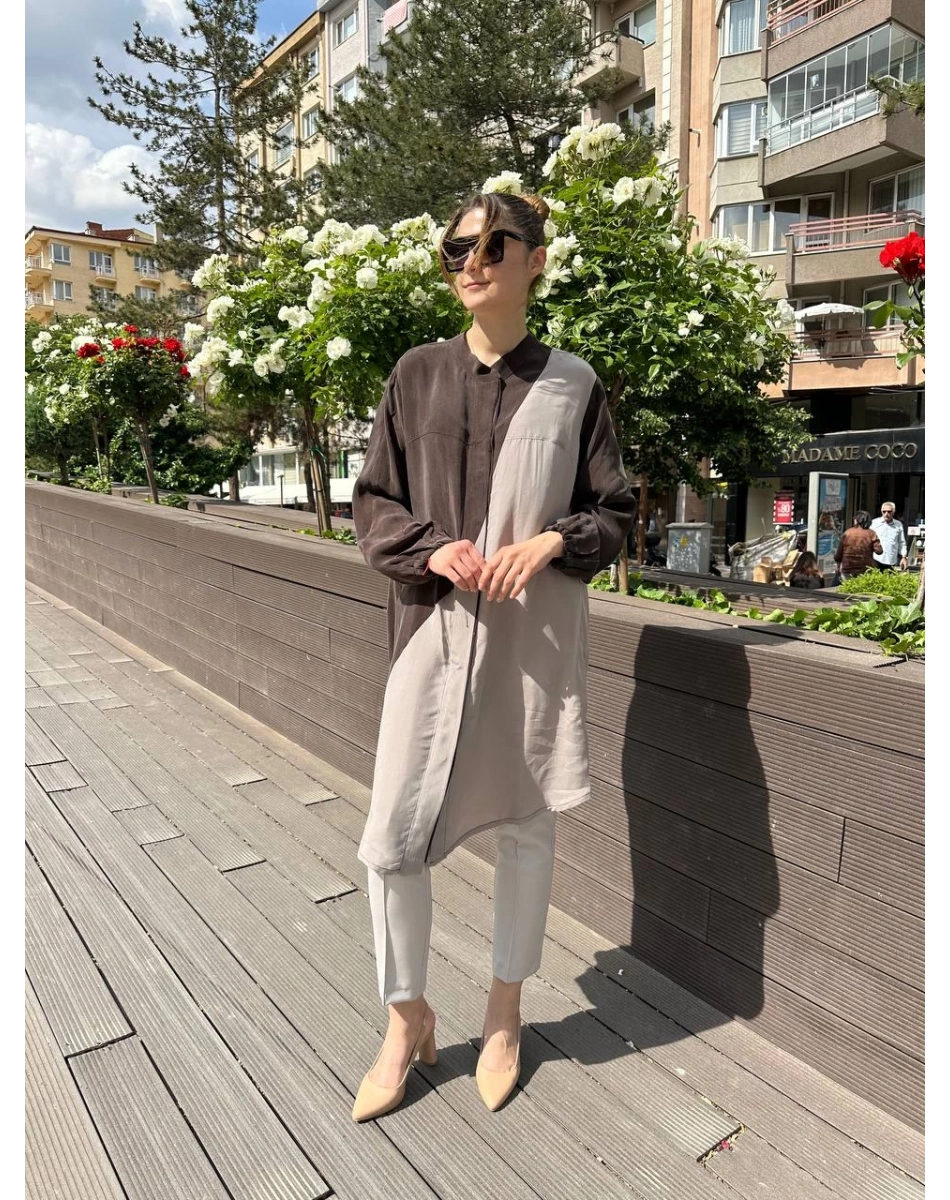 Misswhence 37315 Kahve Taş Cupro İpek Gömlek