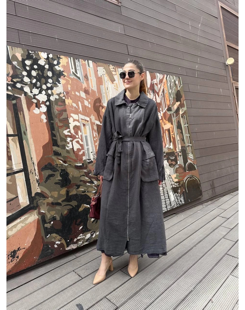 Misswhence 37509 Gri Arkası Fermuar Detaylı Keten Kap