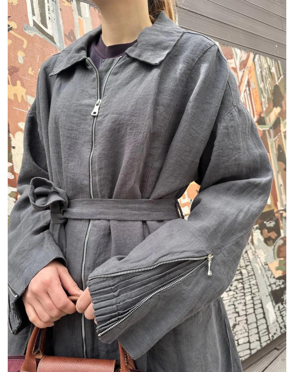 Misswhence 37509 Gri Arkası Fermuar Detaylı Keten Kap