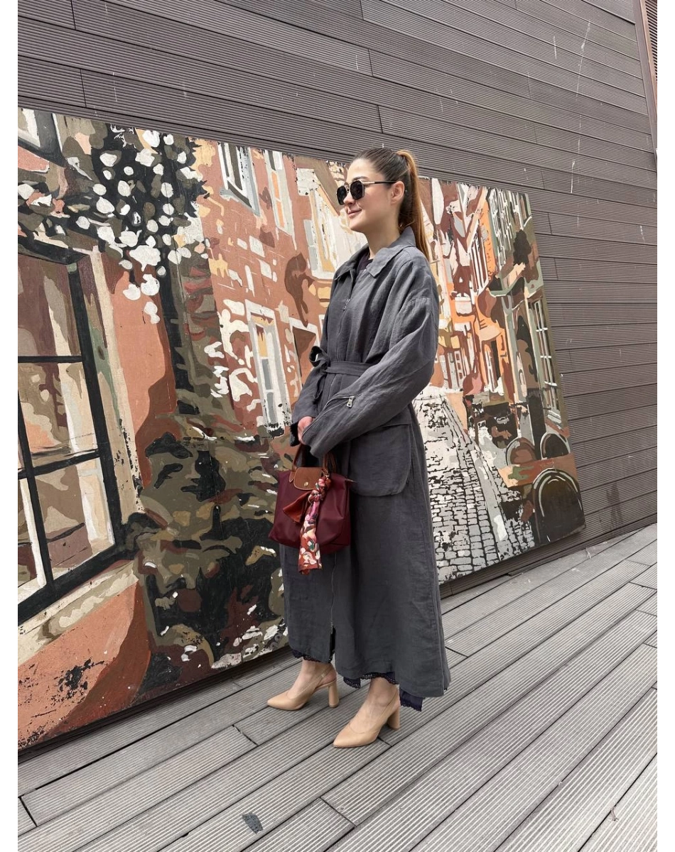 Misswhence 37509 Gri Arkası Fermuar Detaylı Keten Kap