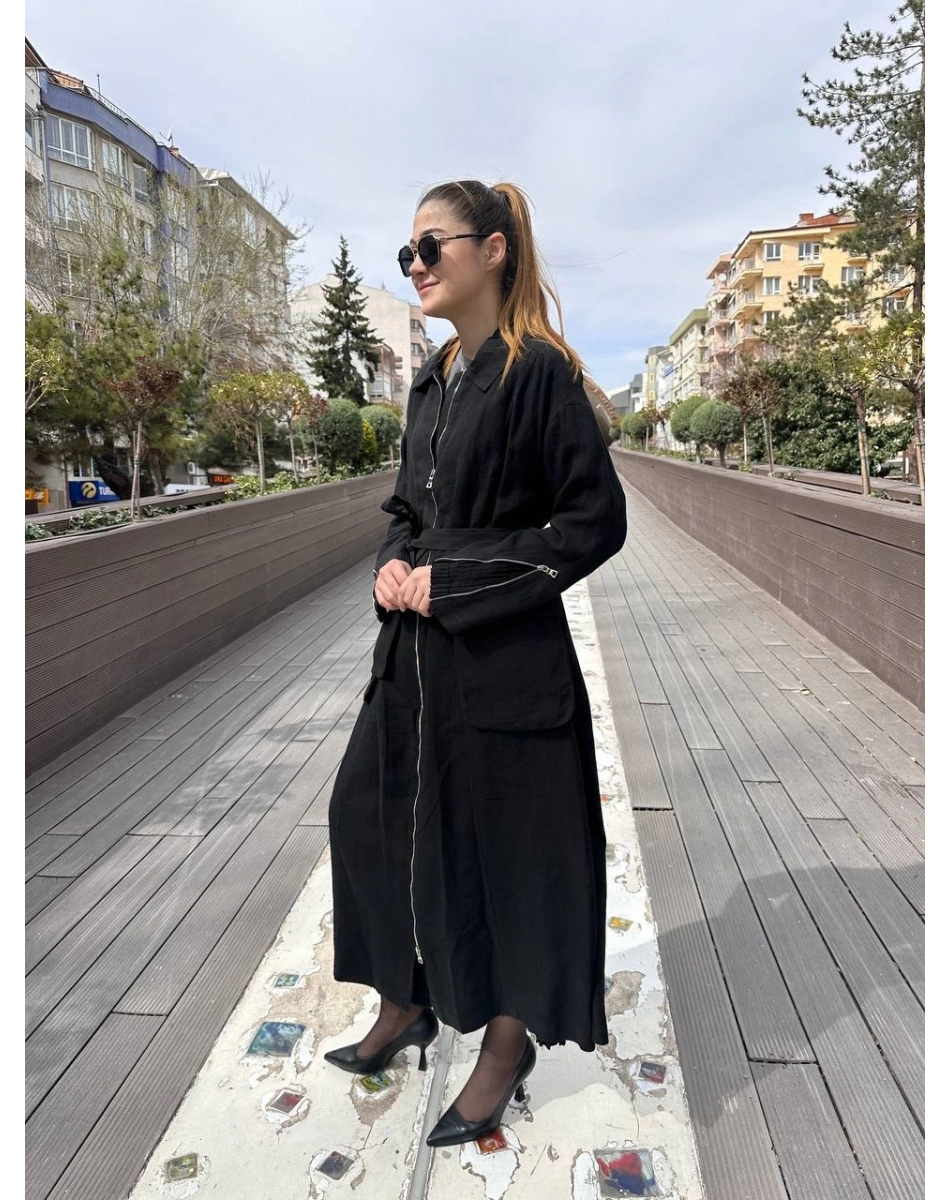 Misswhence 37509 Siyah Arkası Fermuar Detaylı Keten Kap