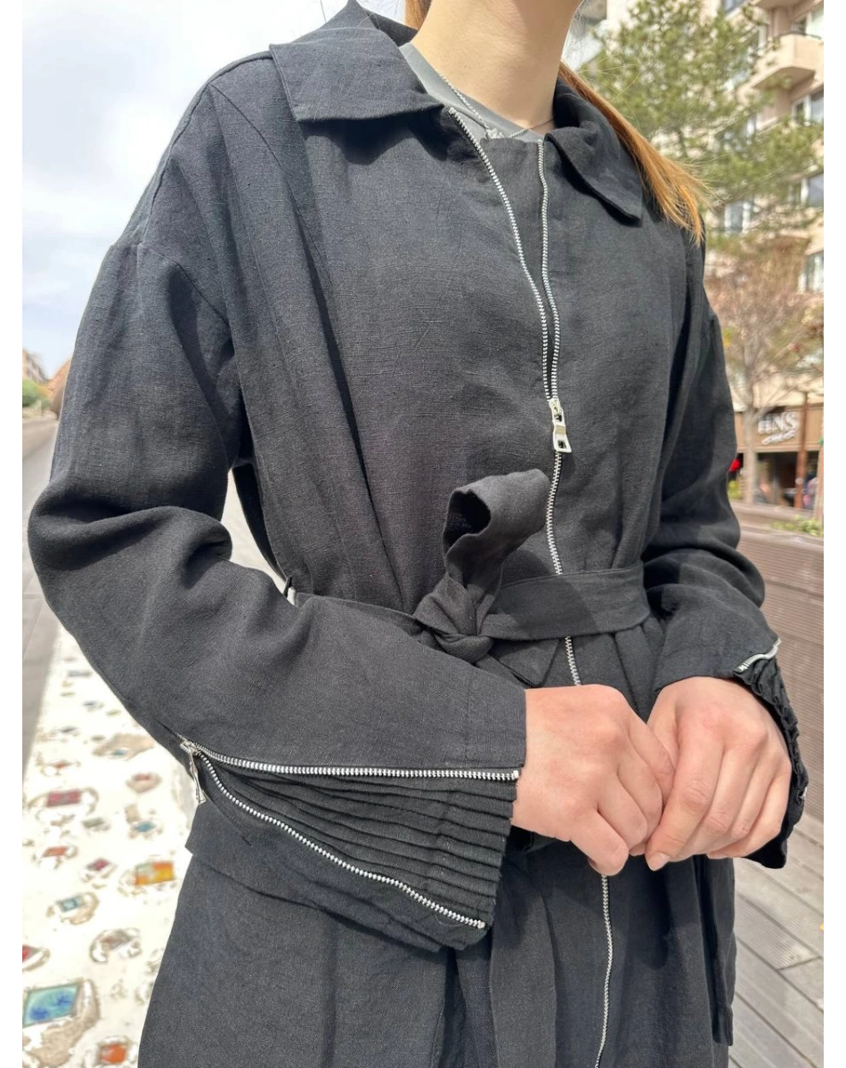 Misswhence 37509 Siyah Arkası Fermuar Detaylı Keten Kap