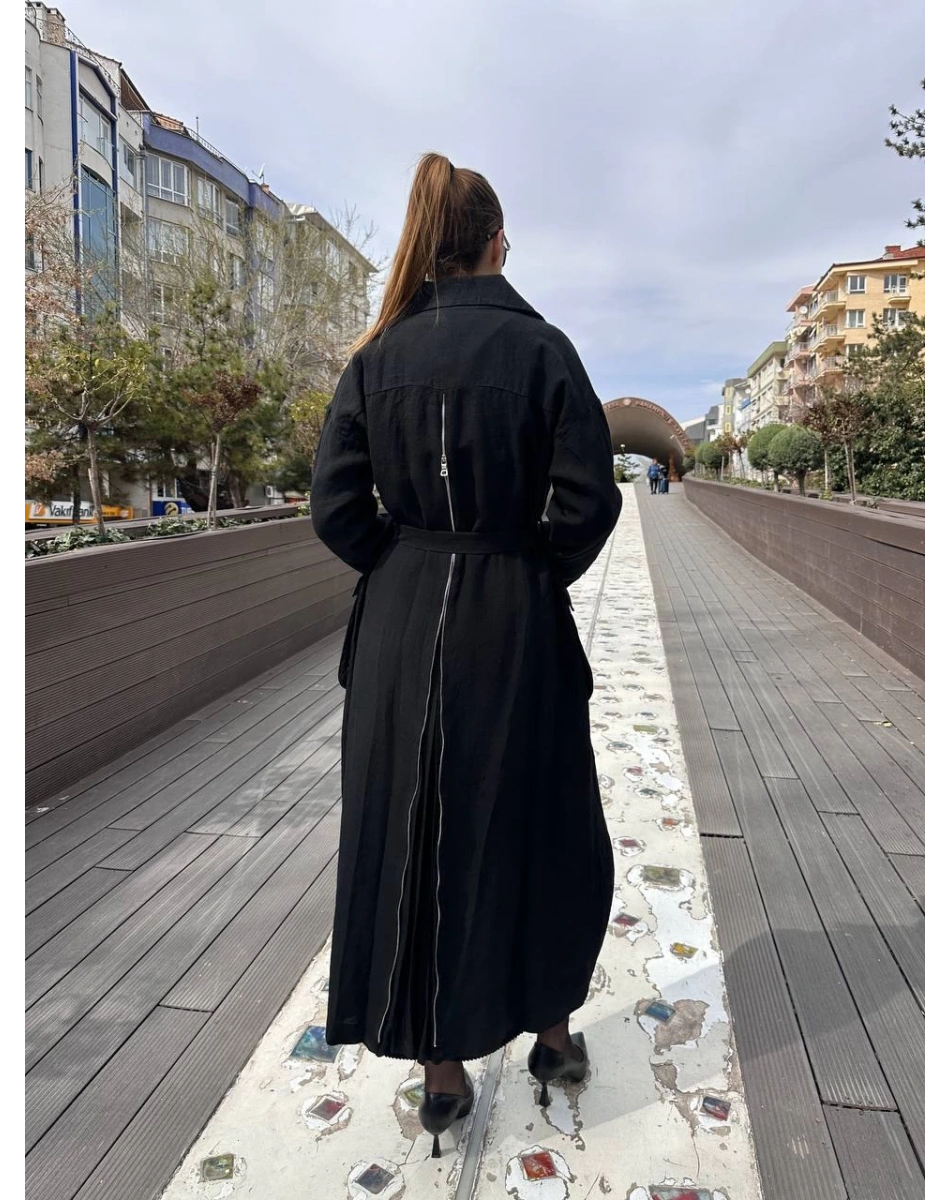 Misswhence 37509 Siyah Arkası Fermuar Detaylı Keten Kap